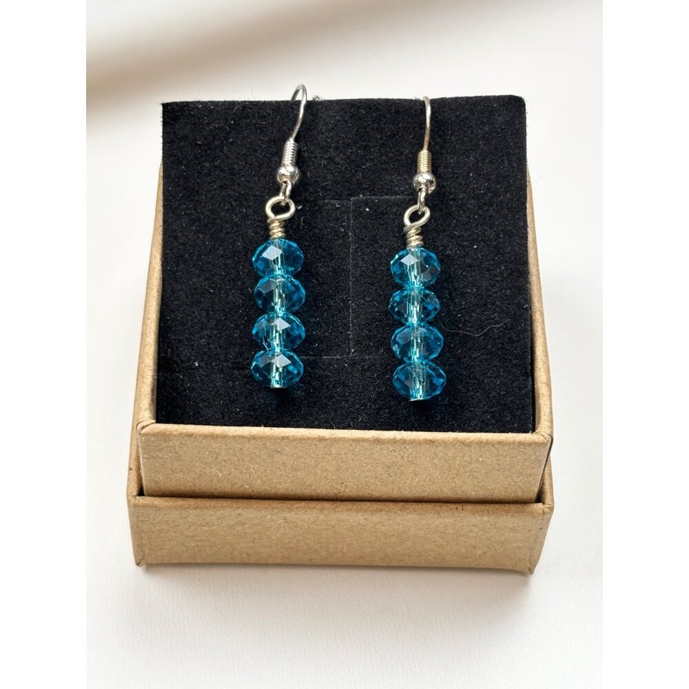 Blue Crystal Bead Dangle Earrings With Silver Hooks